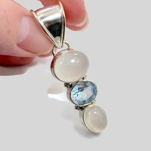 Gray Moonstone Pendant, Blue Topaz, Sterling Silver, 2" Long, Faceted,Blue Stone